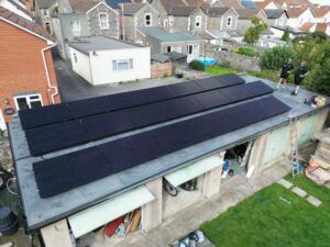 A flat roof with solar panels